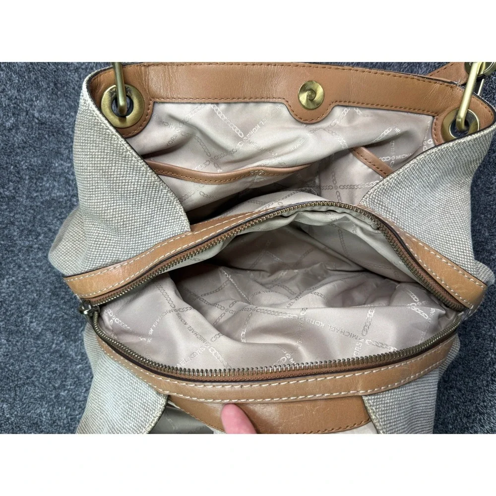 Michael Kors Beige Canvas Leather Trim Triple Compartment Shoulder Bag SCKPSOMY